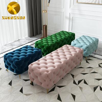 China Metal Tufted Leg Velvet Button Living Room Bench Luxury Comfortable Furniture Long Ottoman Benchs For Sale for sale