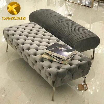 China Foshan Cozy Furniture Factory Modern Bench Adorned Gray Button Velvet Metal Leg Stool Bench For Sale for sale