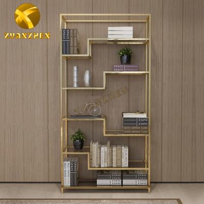 China Modern Home High Quality Modern Stainless Steel Bookcase Furniture Decor Cabinet Bookcases Glass Shelf For Sale for sale