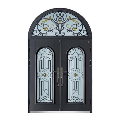 China Home Modern Steel Framed Iron Grille Tempered Glass Security Windproof Doors for sale