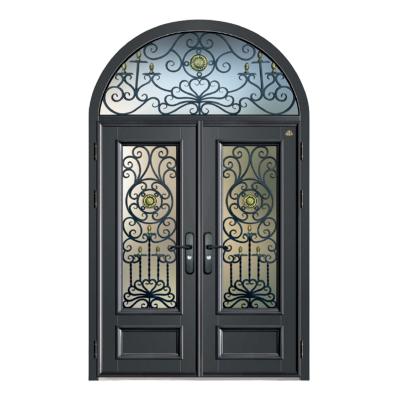 China Tempered Glass Windproof Door Aluminum Wrought Iron Double Swing Doors Design for sale