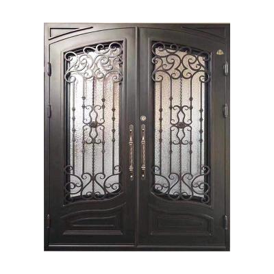 China Decorative Steel Windproof Wrought Iron Metal House Entry Doors With Tempered Glass for sale