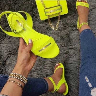 China Fashion Trend Neon Green Female Shoes Fashion Design Ladies Flat Shoes Sandalias Flat Slip Toe Women Sandals Open for sale