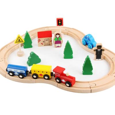 China Parent-Children Interactive Wooden Train Track Set Toys Educational Wooden Slot Train Car Railway Toys For Children for sale