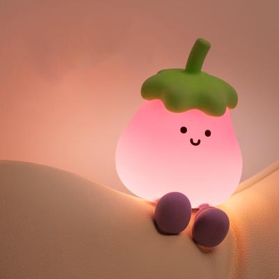 China Factory Wholesale Cartoon Soft Silicone LED Night Lights Cute Small Eggplant Bedside Lamps Portable USB Rechargeable Bedroom Night Lights for sale