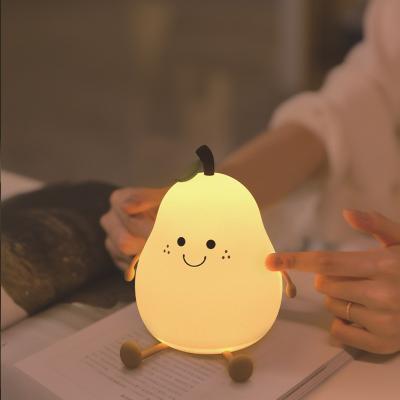 China LED Pear Fruit Silicone Night Light 7 Colors Dimming Touch USB Rechargeable Cartoon Bedside Lamp Bedroom Decor Cute Kid Gift for sale