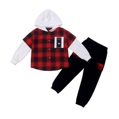 China Wholesale Fashion 100% Cotton High Quality For Boys Kids Clothing 2 Pieces Shirt Plaid Hoodie Two Piece Set for sale