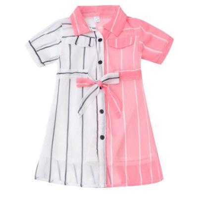 China Anti-wrinkle stripe patchwork matching short sleeve dress for kids girl dress for sale