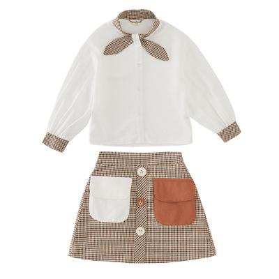 China Anti-wrinkle children plaid suspender skirt with white T-shirt outfit two-piece babies fall outfit for children for sale