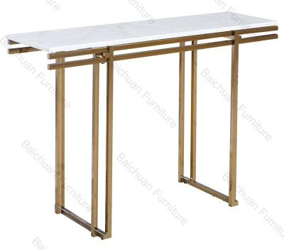 China Modern New Design Shiny gold stainless Steel Gold Pvd Metal Tough end Glass Top Console Table For Living Decorative for sale