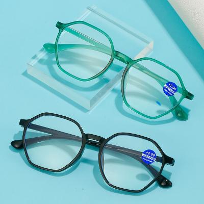 China Latest Designer Reading Glasses Women HD Reading Glasses Frameless Blue Anti Polygon Frame for sale