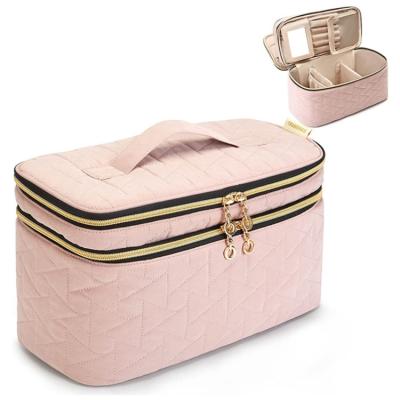 China Fashion Multi-pocket Waterproof Brushes Tool Kit With Trolley Strap Portable Travel Makeup Bag Toiletry Storage Cosmetic Bag With Mirror for sale