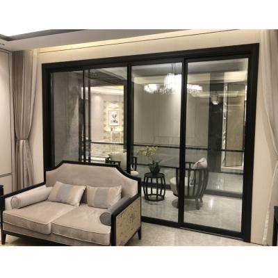 China 2022 Sound Insulation Fashion Magnet Chinese Magic Aluminum Tempered Glass Sliding Glass Door System Double Slide Bifold Door for sale