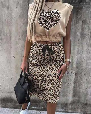 China Casual Anti-Pilling Sleeveless Print Women 2 Piece Skirt Leopard Two Piece Set for sale