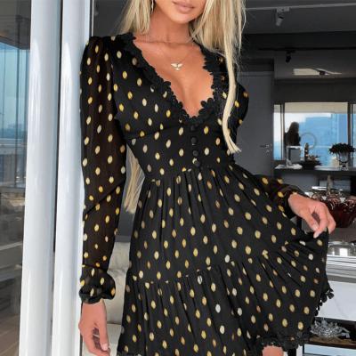 China Vestidos Mujer Corto Anti-Static Casual V-Neckline Long Sleeve Buttoned Patchwork Black Polka Dot Dress for sale