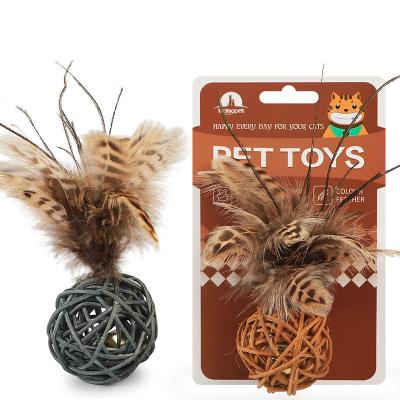 China Interactive Cat Toy Maker Rattan Weaving Ball Ball with Feather for Indoor Cats for sale