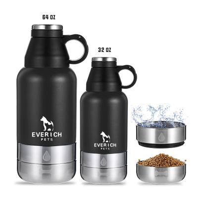 China Dog Water Bottle Stocked 3 In 1 Detachable Double Wall 32oz 64oz Stainless Steel Dog Food Water Bottle Custom Detachable Feeding Bowl Insulated for sale