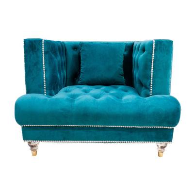 China High Quality Hotel Furniture Blue Velvet Chesterfield Home Living Room Chair Luxury Single Sofas Acrylic Legs With Acrylic Legs for sale