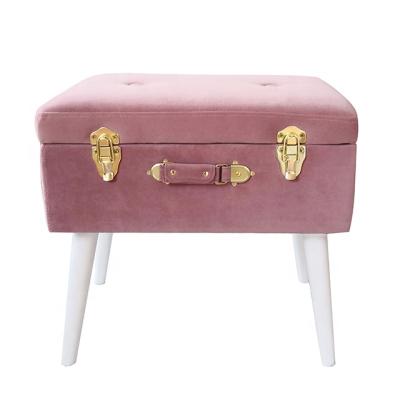 China Pink Storage Velvet Foot Stool Trunk Organizer Ottoman Suitcase Stool for sale