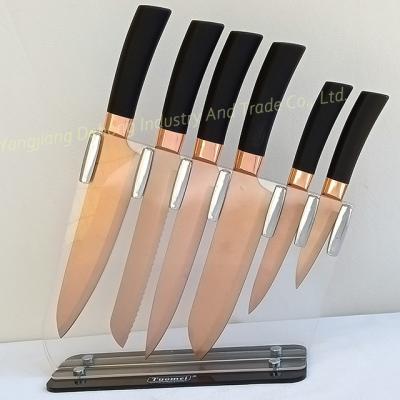 China Sustainable 7 pieces luxury rose gold titanium coating cooking kitchen knife set with transparent block for sale