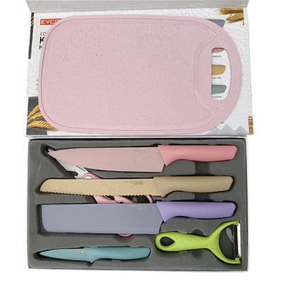 China Sustainable wheat straw colorful coated vegetable slicer peeler knife 7 pcs kitchen knife set with cutting board for sale