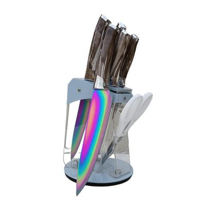 China Sustainable 7 in 1 non stick colorful rainbow titanium coating modern acrylic stand kitchen knife block set for sale