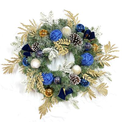 China 30 Inch Trendy Christmas Garland With PVC Mixed Pine Needles PE Ring Bottom Ornaments Ball Gold Ribbon Bow Pinecones for sale