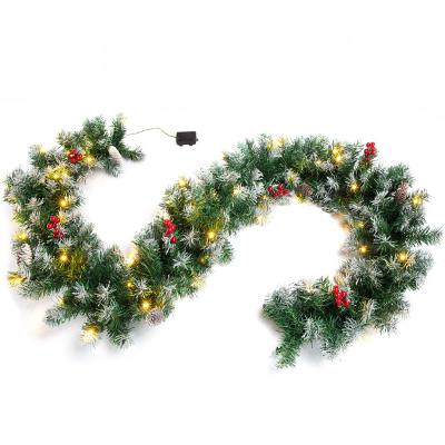 China Durable 9ft Pre-Bed Holiday Pre-Decorated Artificial Christmas Wreath For Stairs Fireplace Decoration Flocked Pine Cones Berries Decor for sale