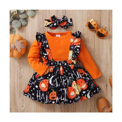 China Anti-Shrink Feminine Children Dress Solid Color Set Lovely Long Sleeve Pattern Suspender Top Fancy Skirt With Scarf Pumpkin Skirt for sale