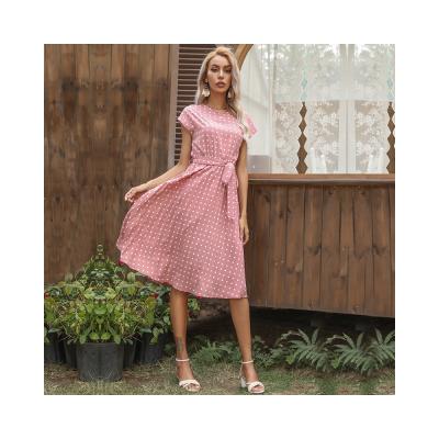 China QUICK DRY Fashion Dress Popular Women's Even O-neck Long Polka Dot Elegant Casual Dresses Short Sleeve for sale