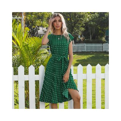 China Elegant Casual Dresses Polka Dot Long Even Fashion Dress Popular Women's Short Sleeve O-Neck QUICK DRY for sale