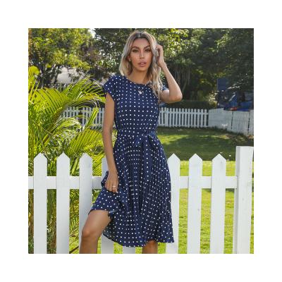 China Elegant Casual Dresses Polka Dot Long Equal Dress Women QUICK DRY Short Sleeve O-Neck Fashion Popular for sale