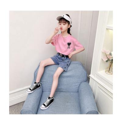 China 100% cotton top quality cotton girls fashion short sleeve suit collocation denim shorts cartoon style summer leisure styel top for sale