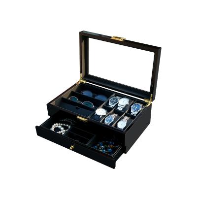 China 2022 Luxury New Designer Luxury Clear Window 6+3 Slots Storage Glass Black Wooden Watch Box for sale