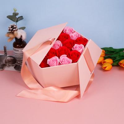 China Handmade Custom Logo Hexagon Pink Cardboard Paper Flower Gift Box Packaging with Ribbon for sale