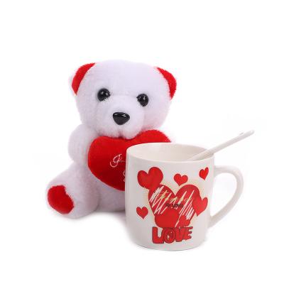 China Viable Cute Plush Cartoon Bear Toy White Ceramic Reusable Coffee Cup Mug Heart Print Mug Set for sale