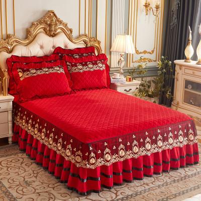 China Nondisposable Luxury Embroidered Bed Spreads Silk Mat Euro Bed Linen Foldable Bedding Decoration Home Skirt For King Queen Size Bed for sale