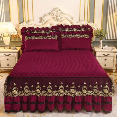 China Nondisposable Embroidery Bedding Cheap Bed Skirts Set Velvet Queen Size Luxury Bed Skirt And Cushions for sale