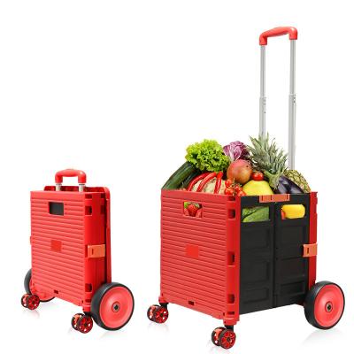 China Eco-friendly Portable Folding Hand Carts Supermarket Shopping Trolldy Plastic Rolling Trolley for sale