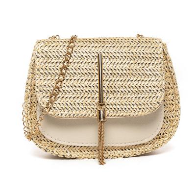 China 2021 New Contrast Color High Quality Straw Fashionable Shoulder Cross Saddle Bag - Body Women Straw Bags Tote Summer Beach Mobile Phone Bag for sale