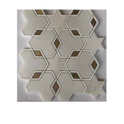 China White Parquet and Brass Inteior Decoration Marble waterjet mosaic slabs for backsplash for sale