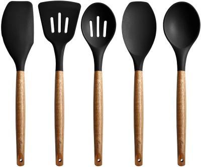 China New Arrival Sustainable 5pcs Non-stick Silicone Kitchen Utensils Set With Wooden Handle Kitchen Accessories for sale