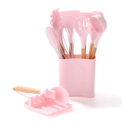 China Sustainable Kitchen Accessories Cooking Tools 13 Pcs Silicone Kitchen Utensils Kitchenware Soft Silicone With Wooden Handles for sale