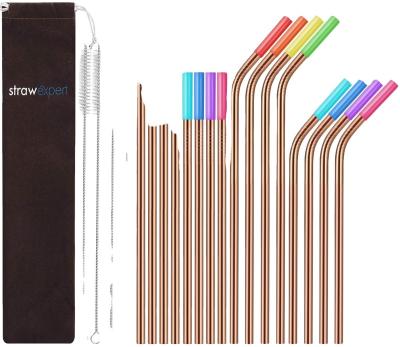 China New Arrival Minimalist 16 Pack Rose Gold Stainless Steel Reusable Straws Set With Cleaning Brush And Silicone Lip for sale