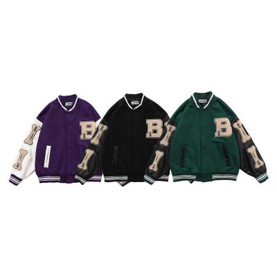 China Sustainable Hip Hop Flocking Logo Letter Logo PU Leather Sleeve Green Black Varsity Jacket Baseball For Women Mens for sale