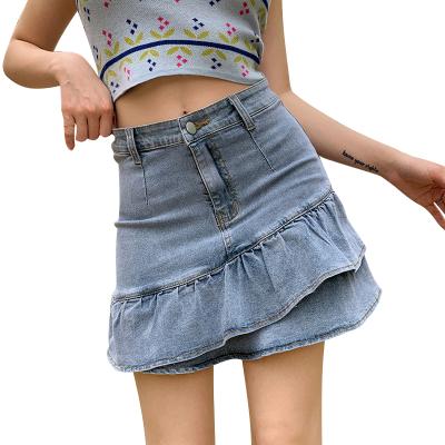 China Breathable Wash Design Y2K Ruffle Edge Button Asymmetrical Zipper Low Waist Denim Ruffles Skirts Womens Young Girls for sale