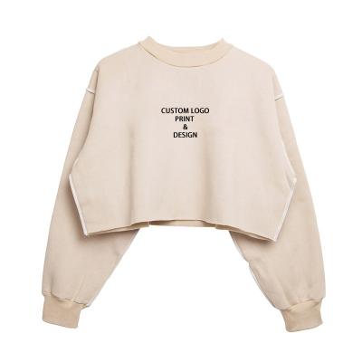 China High Quality Custom Long Sleeve 100 Cotton Anti-Wrinkle Logo Brushing Oversized Women Mask Crop Top Sweatshirt for sale