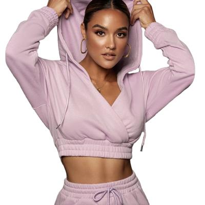 China Anti-wrinkle Brown White Pink Simple Women Sports Casual V-Neckline Cropped Hoodies Joggers Set for sale