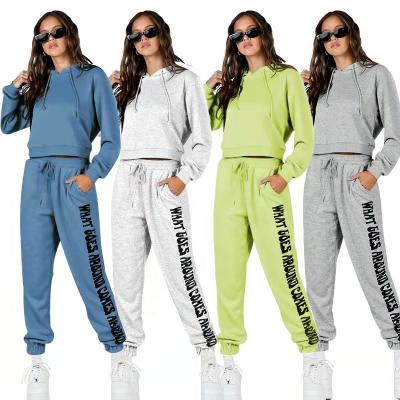 China Wholesale Letter Print Anti-wrinkle Long Sleeve Cotton Pullover Hoodie Sweatpants Tracksuit Set Women for sale