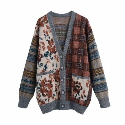 China Heavy Argyle Patchwork Oversized Loose Sweater Retro Vintage Breathable Blue Floral Plaid Cardigan With Pocket Women for sale